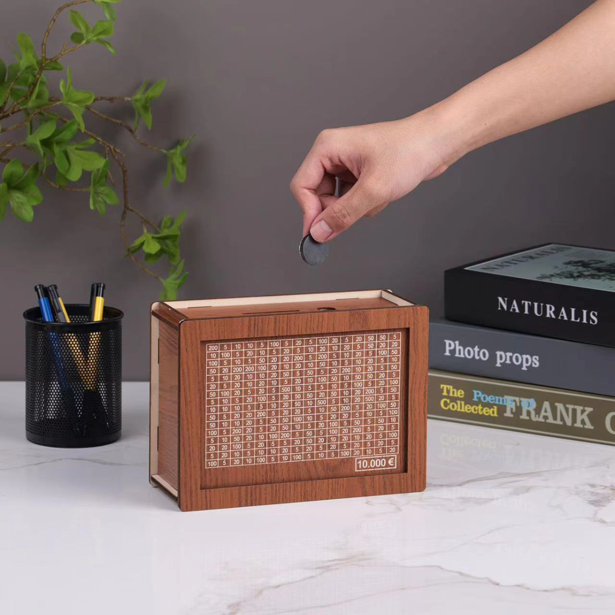 WOODEN PIGGYBANK WITH SAVINGS GOAL